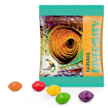 Gepersonaliseerde flowpack skittles in composteerbare verpakking!